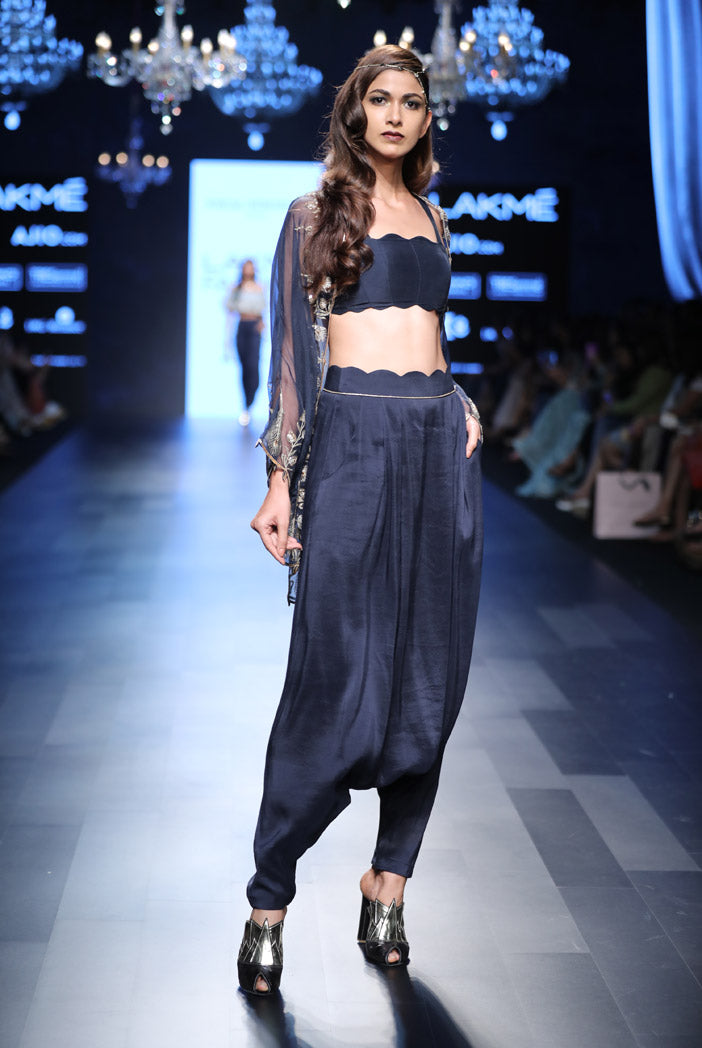 Leyla Navy Silk Bustier and low Crotch pant with Organza Cape