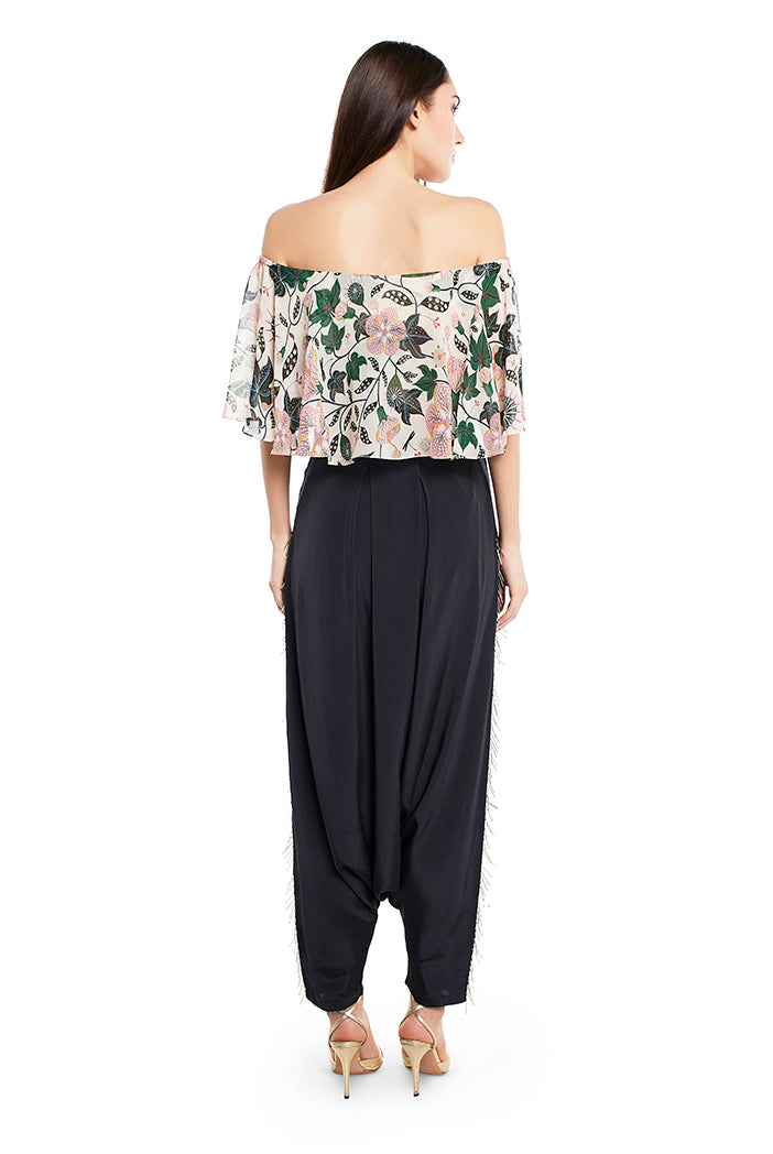 White Colour Printed Art Georgette Off Shoulder Ruffle Top with Black Colour Art Crepe Low Crotch Pant