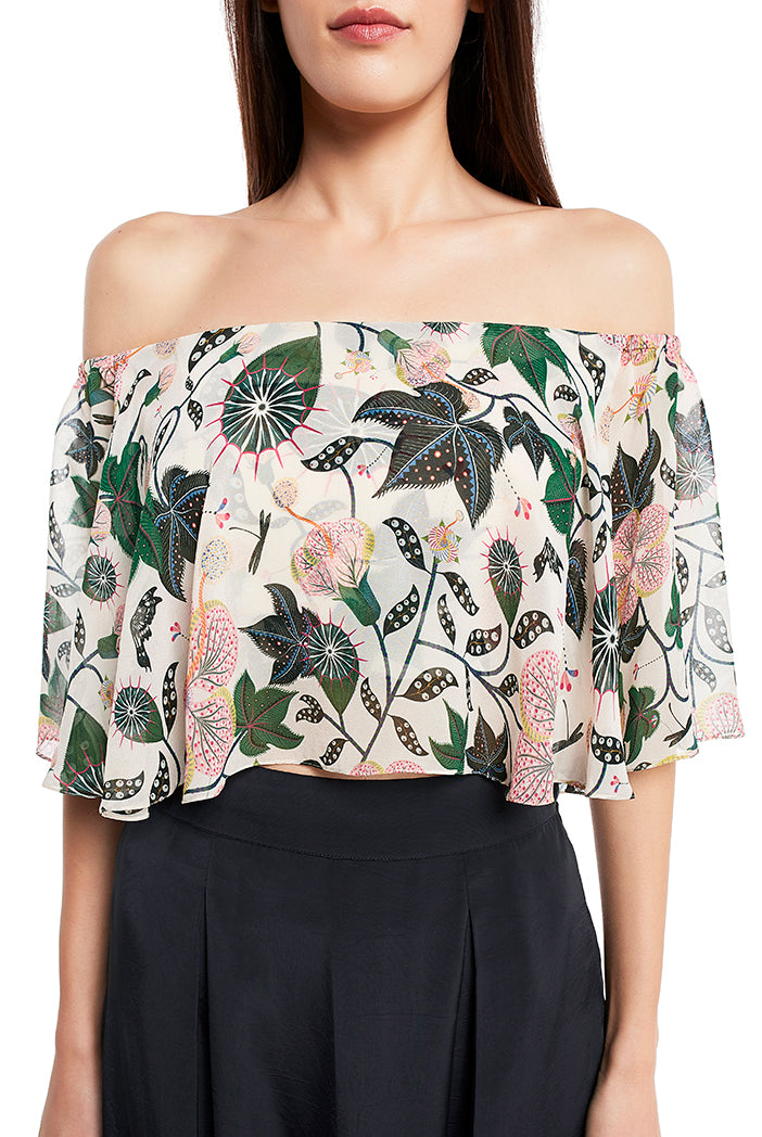 White Colour Printed Art Georgette Off Shoulder Ruffle Top with Black Colour Art Crepe Low Crotch Pant