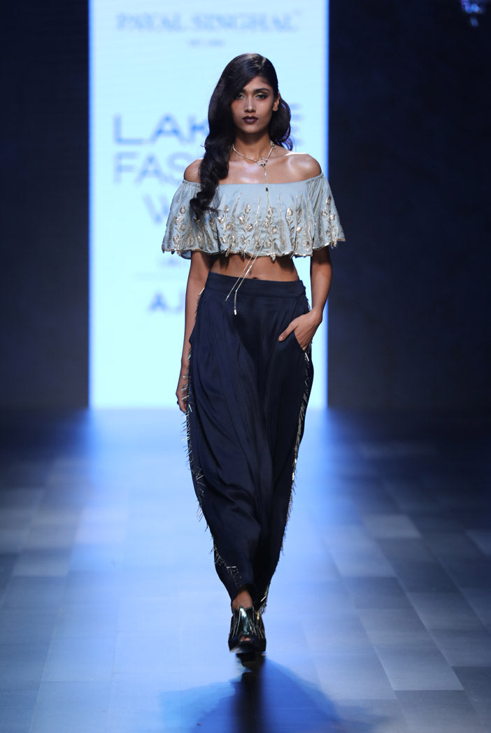 Zena Powder Blue Silk Ruffle Off-Shoulder Top with Navy Silk Low Crotch Pant