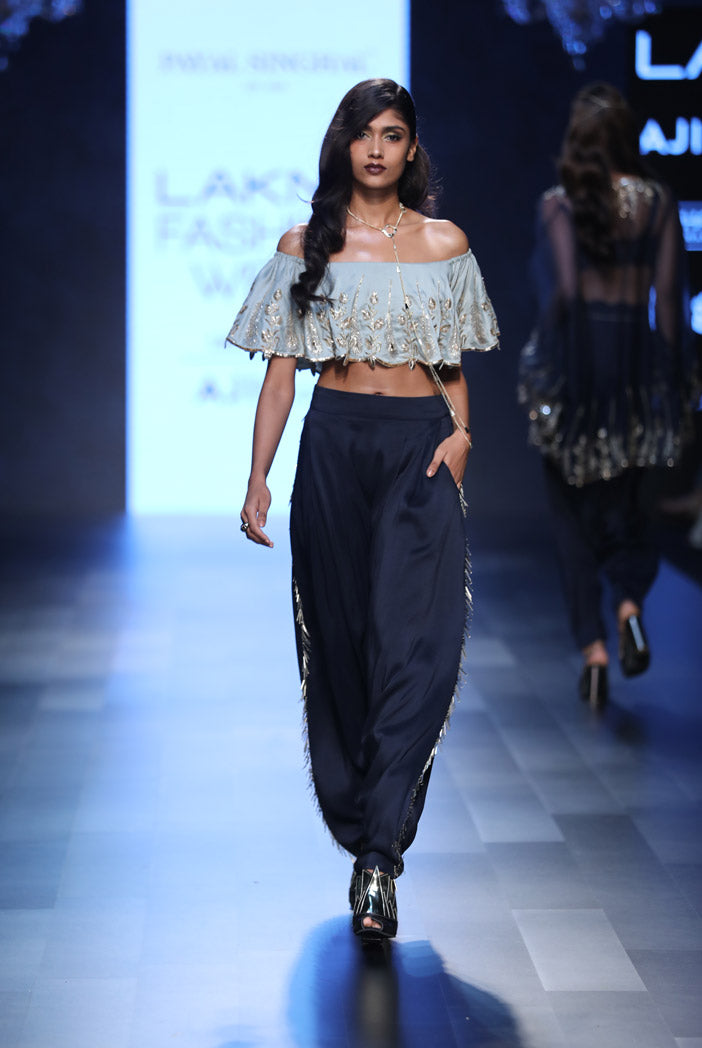 Zena Powder Blue Silk Ruffle Off-Shoulder Top with Navy Silk Low Crotch Pant