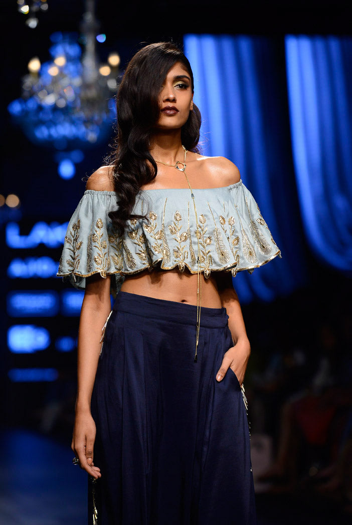 Zena Powder Blue Silk Ruffle Off-Shoulder Top with Navy Silk Low Crotch Pant