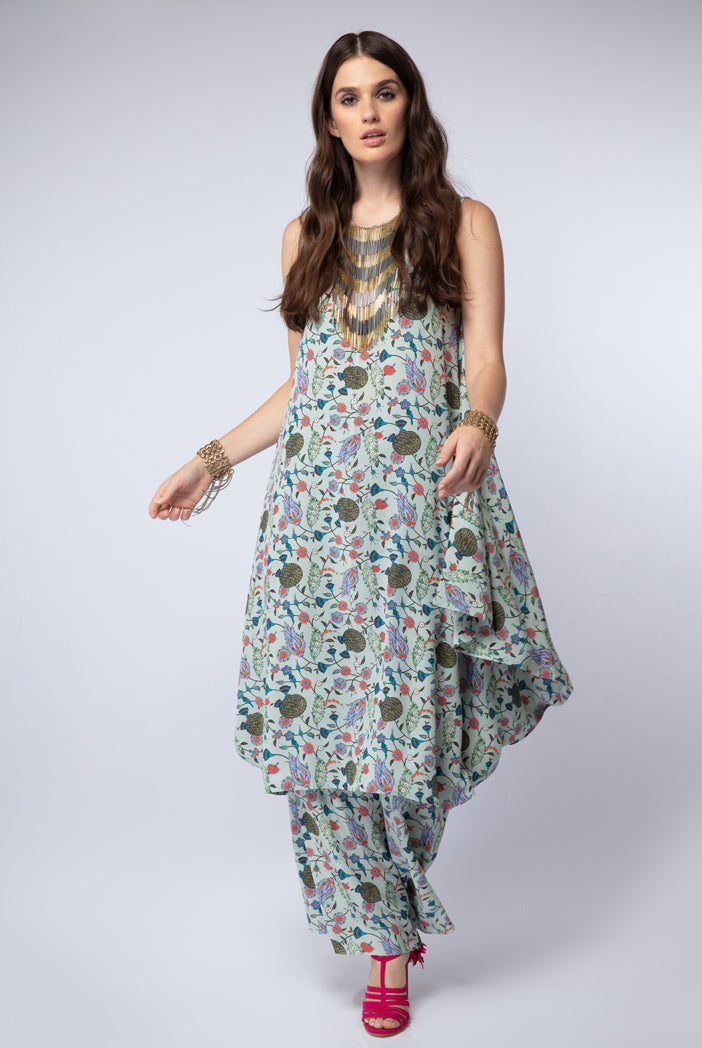 Powder Blue Printed Crepe Cowl Kurta with Palazzo Pant