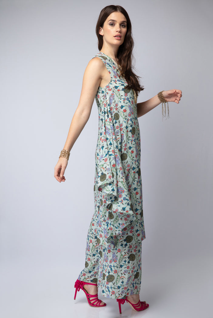 Powder Blue Printed Crepe Cowl Kurta with Palazzo Pant