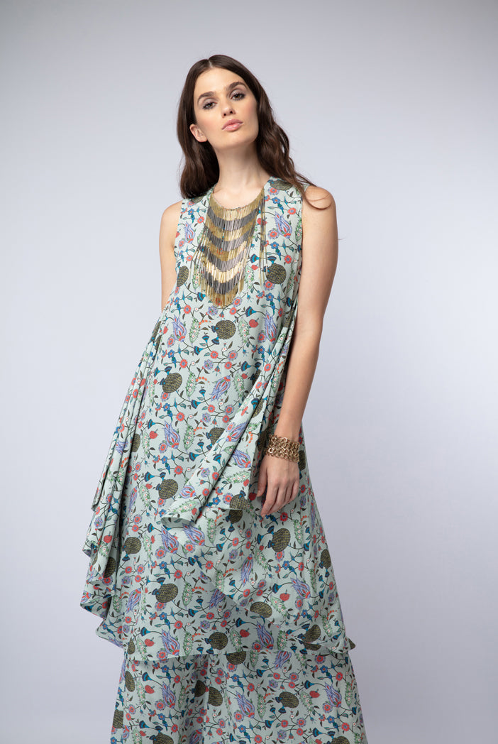 Powder Blue Printed Crepe Cowl Kurta with Palazzo Pant