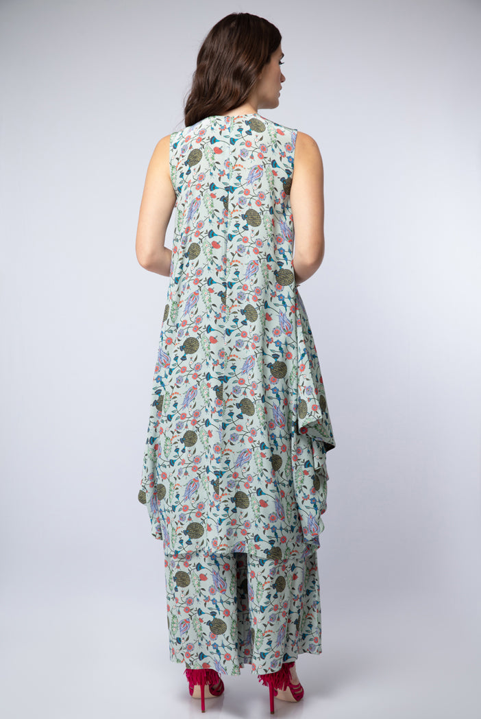 Powder Blue Printed Crepe Cowl Kurta with Palazzo Pant