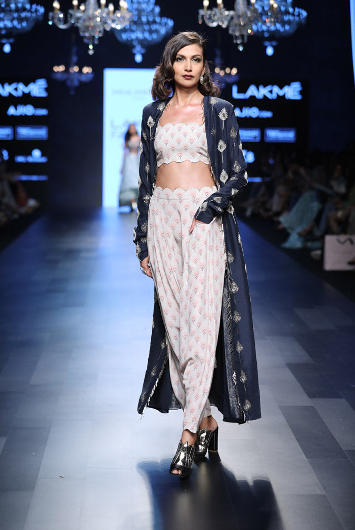 Kris Blush Printed Crepe Bustier and low Crotch pant with Navy Silk Duster Jacket