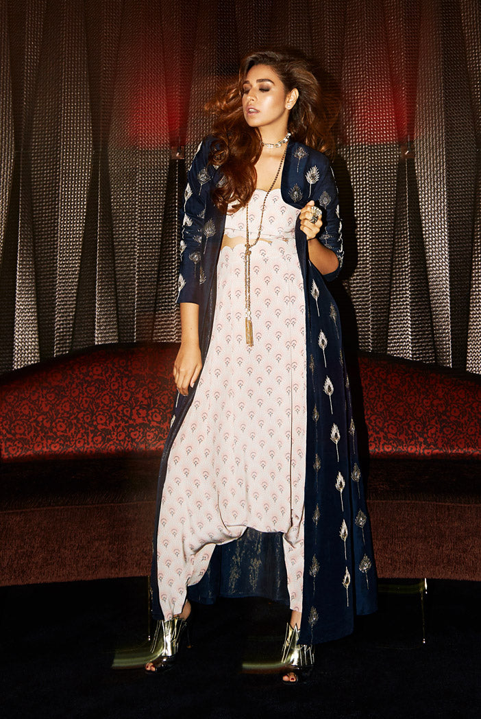 Kris Blush Printed Crepe Bustier and low Crotch pant with Navy Silk Duster Jacket