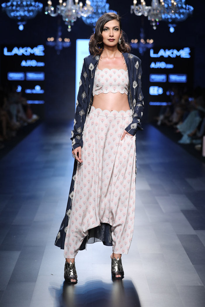 Kris Blush Printed Crepe Bustier and low Crotch pant with Navy Silk Duster Jacket