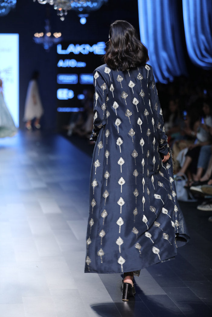 Kris Blush Printed Crepe Bustier and low Crotch pant with Navy Silk Duster Jacket