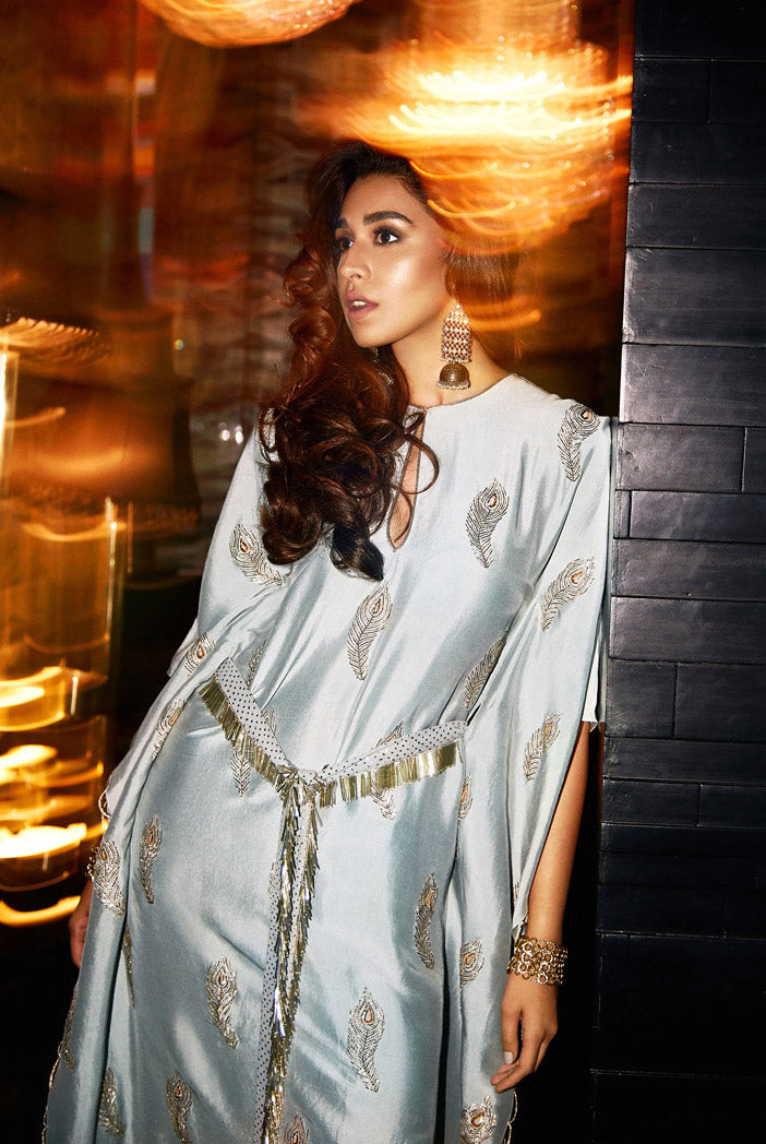 Sumiya Powder Blue Silk Kaftan with Mukaish Georgette Waist Belt