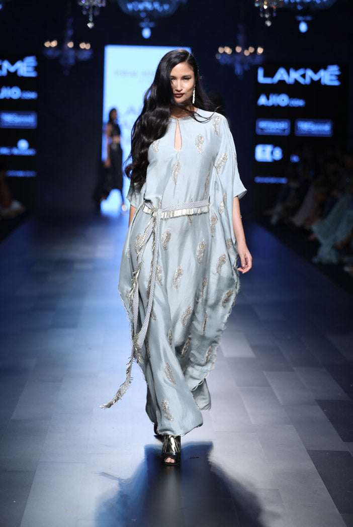 Sumiya Powder Blue Silk Kaftan with Mukaish Georgette Waist Belt