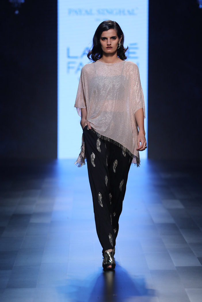 Maliya Blush Mukaish Georgette Tunic with Black Silk Bustier and Low Crotch Pant