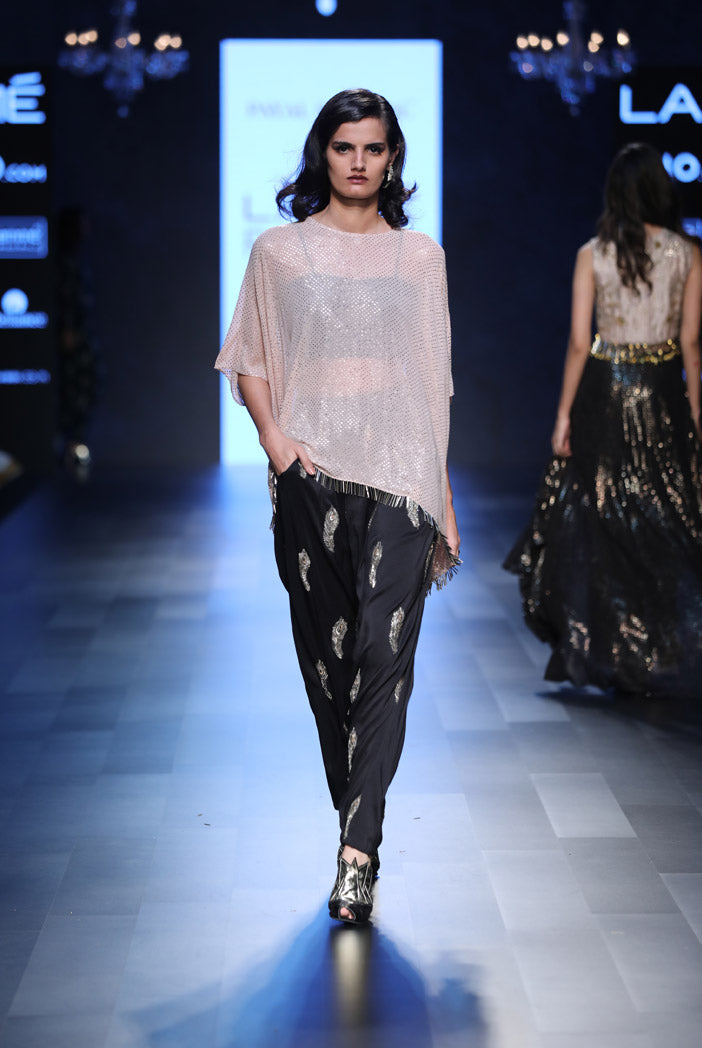 Maliya Blush Mukaish Georgette Tunic with Black Silk Bustier and Low Crotch Pant