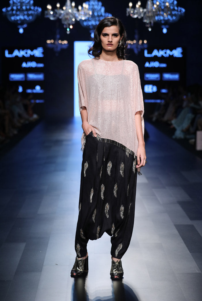 Maliya Blush Mukaish Georgette Tunic with Black Silk Bustier and Low Crotch Pant