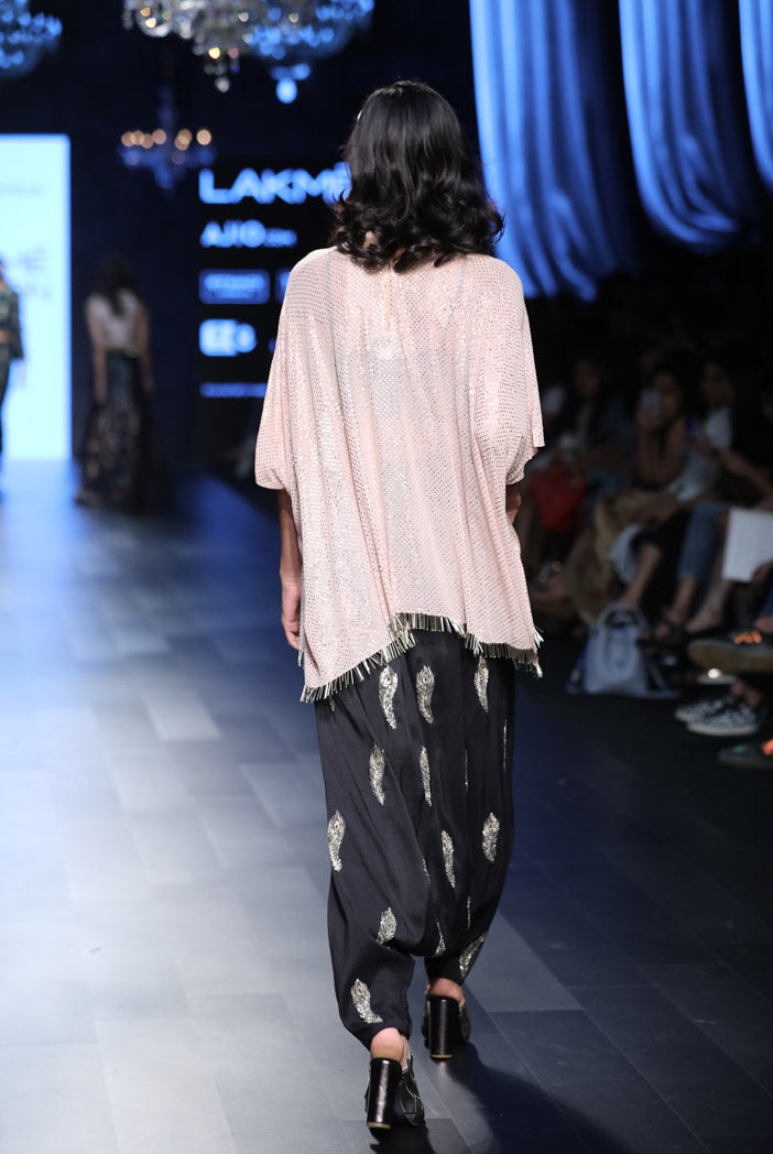 Maliya Blush Mukaish Georgette Tunic with Black Silk Bustier and Low Crotch Pant