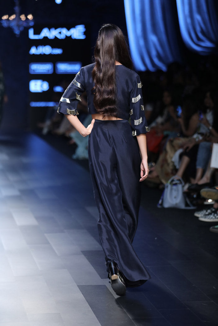 Cher Navy Silk Crop Top with Overlap Palazzo