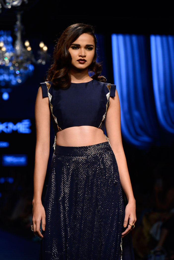 Mara Navy Silk Cropped Anarkali with Mukaish Georgette Low Crotch Pant