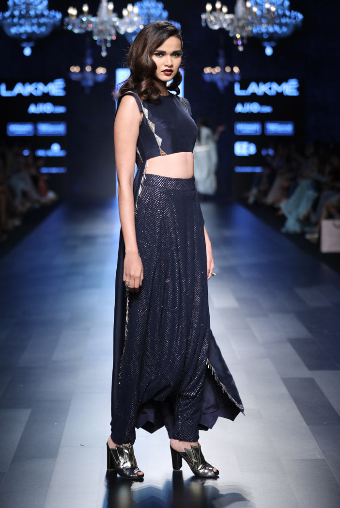 Mara Navy Silk Cropped Anarkali with Mukaish Georgette Low Crotch Pant