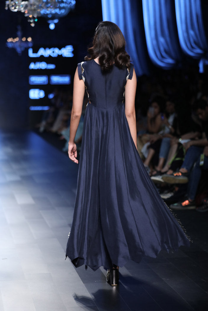 Mara Navy Silk Cropped Anarkali with Mukaish Georgette Low Crotch Pant