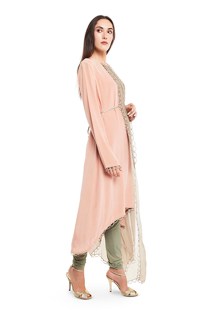Blush Colour Crepe High-Low Kurta with Mint Colour Soft Net Churidar and Chiffon Dupatta