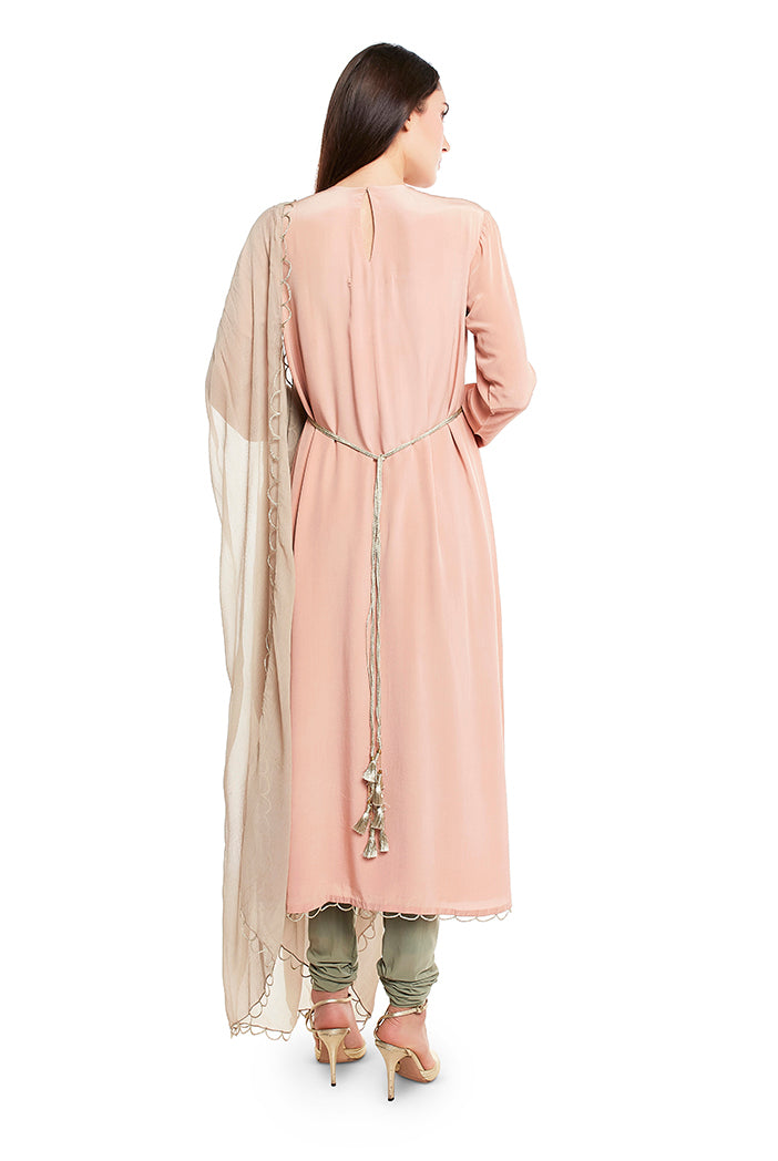 Blush Colour Crepe High-Low Kurta with Mint Colour Soft Net Churidar and Chiffon Dupatta