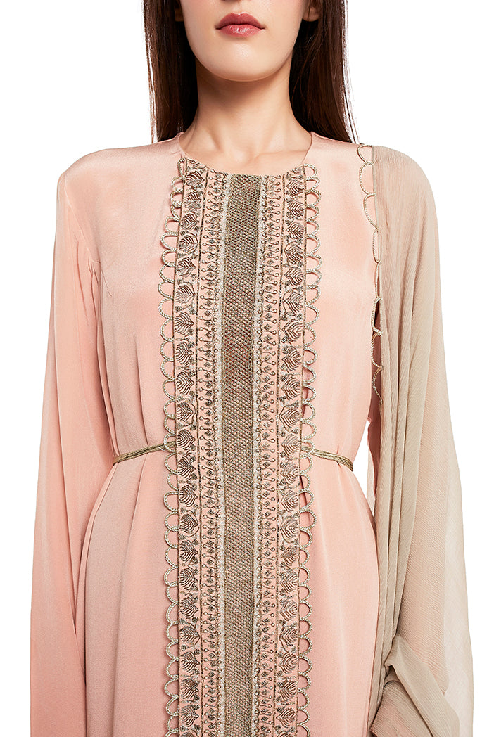 Blush Colour Crepe High-Low Kurta with Mint Colour Soft Net Churidar and Chiffon Dupatta