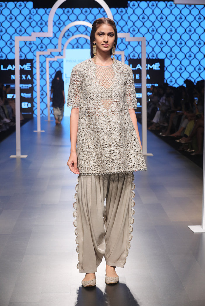 Heba Grey Silk Bustier and Salwar with Overlay Kurta