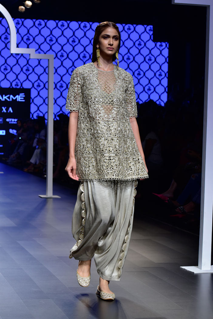 Heba Grey Silk Bustier and Salwar with Overlay Kurta