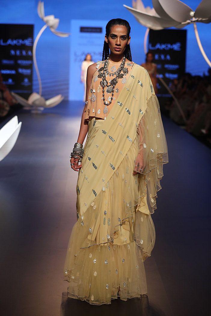 Sabiya Peach Crepe Top with Pale Yellow Crepe and Net Frill Saree