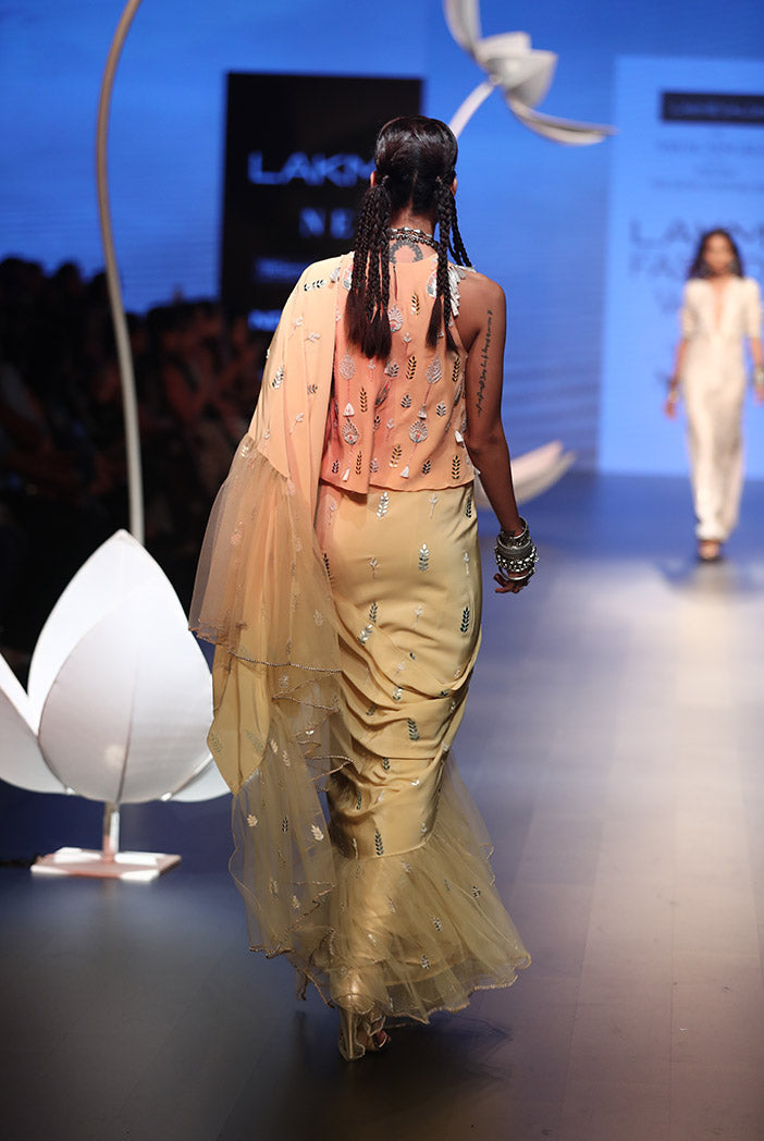 Sabiya Peach Crepe Top with Pale Yellow Crepe and Net Frill Saree
