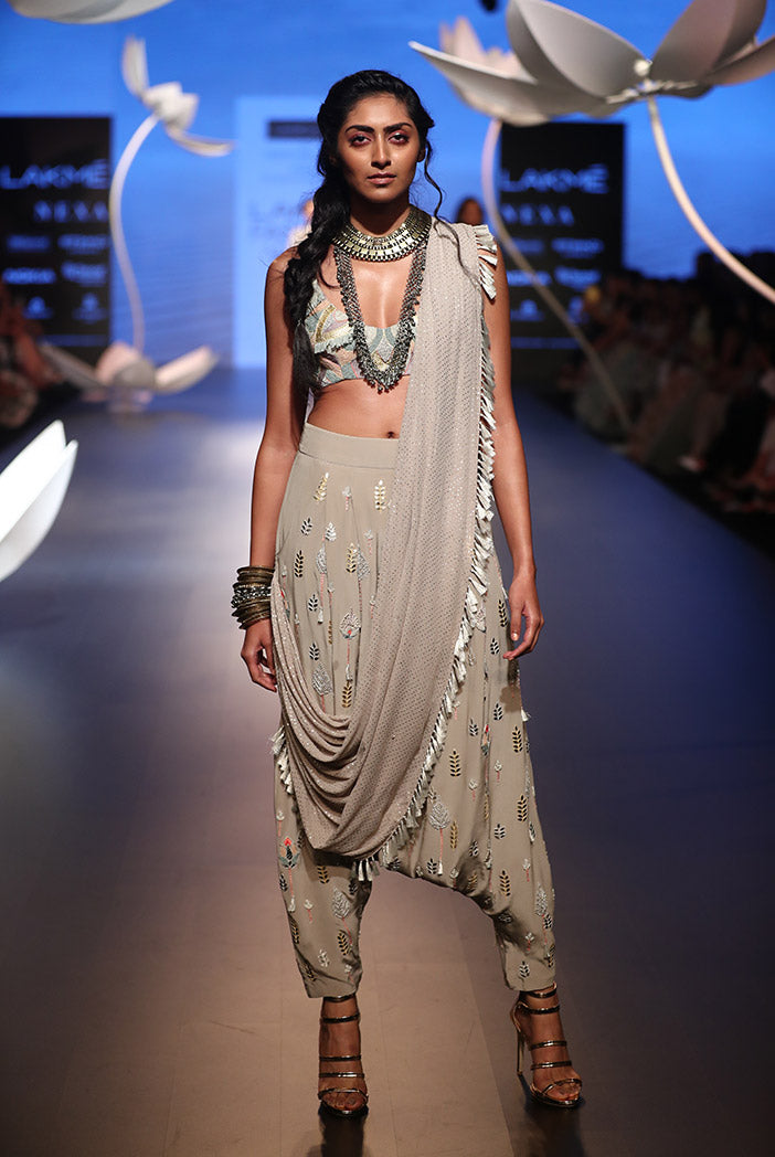 Milana Grey Crepe Choli with Low Crotch Pant and attached Drape