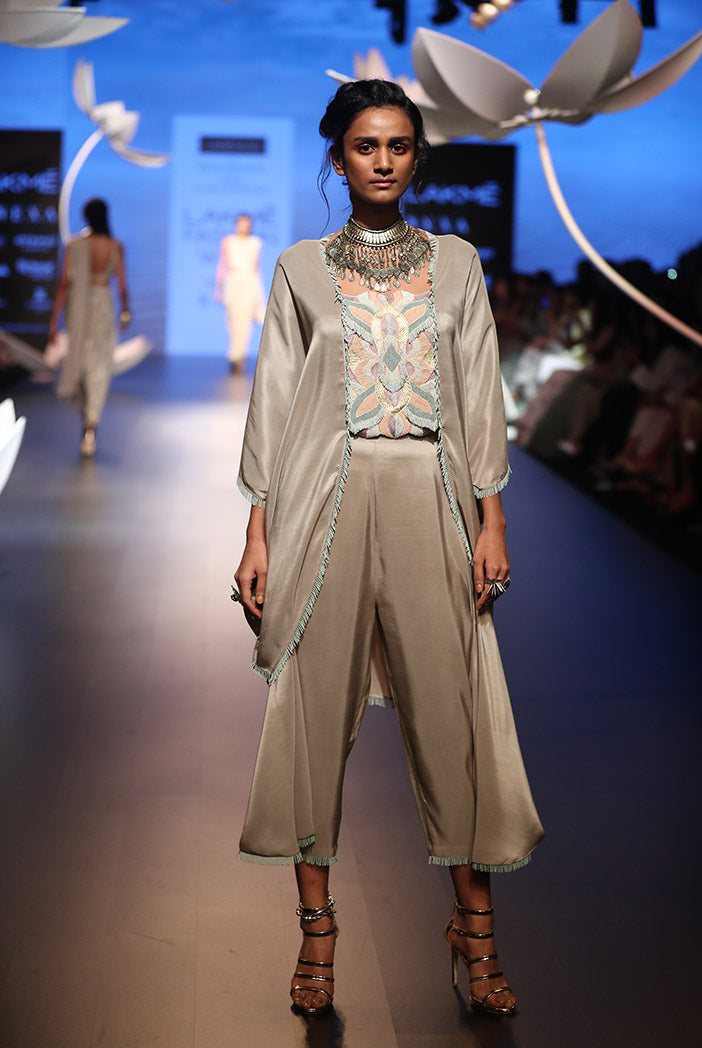 Seyda Grey Silk Kaftan Top with Cowl Pant