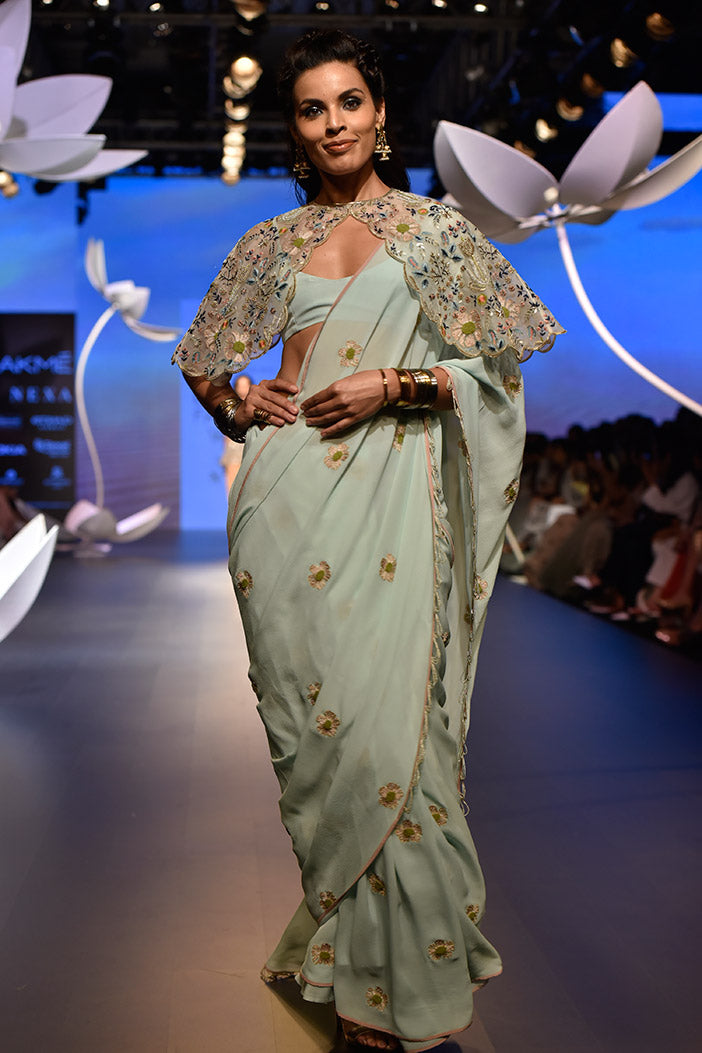 Nesrin Ice Blue Crepe Bustier with Georgette Saree and Stone Organza Cape