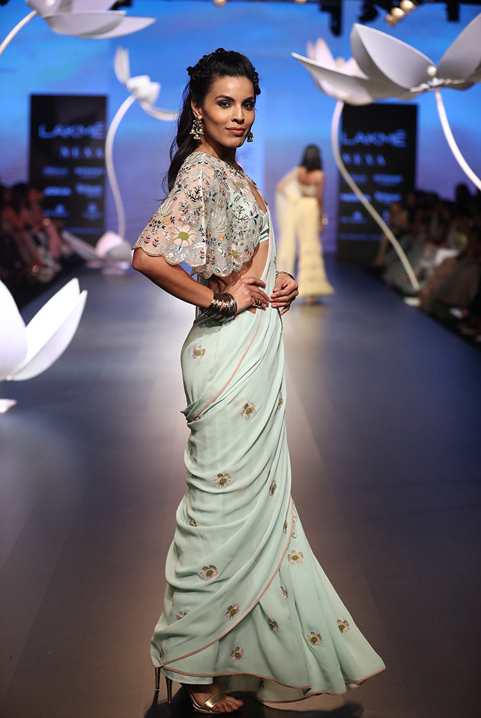 Nesrin Ice Blue Crepe Bustier with Georgette Saree and Stone Organza Cape