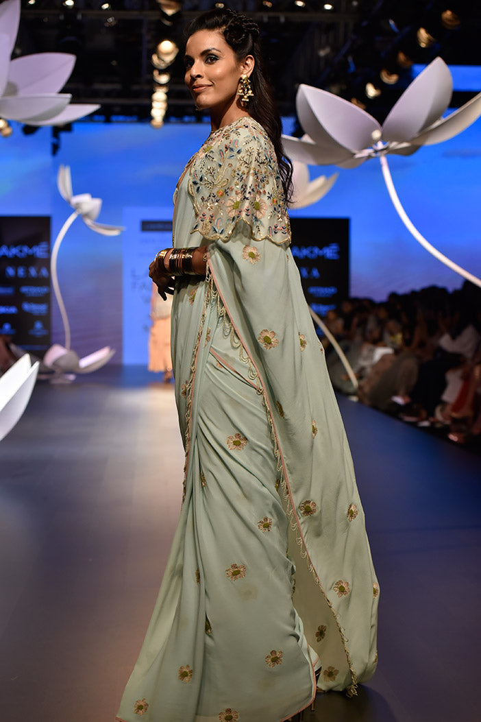 Nesrin Ice Blue Crepe Bustier with Georgette Saree and Stone Organza Cape
