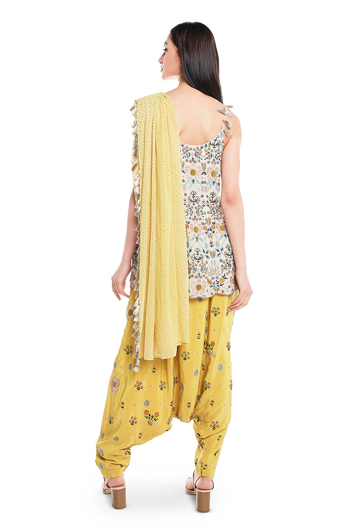 Ice Blue Georgette Short Anarkali with Lime Green Crepe Low Ctotch Pant and attached Mukaish Georgette Drape Dupatta
