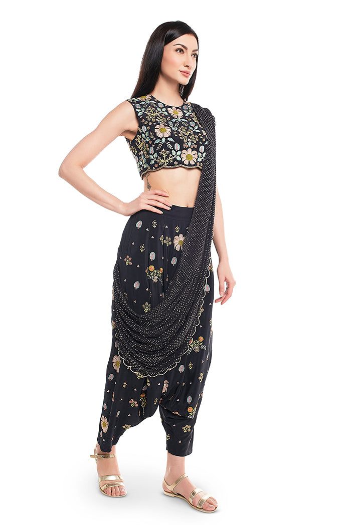 Black Crepe Choli and Low Crotch Pant with attached Mukaish Georgette Drape Dupatta