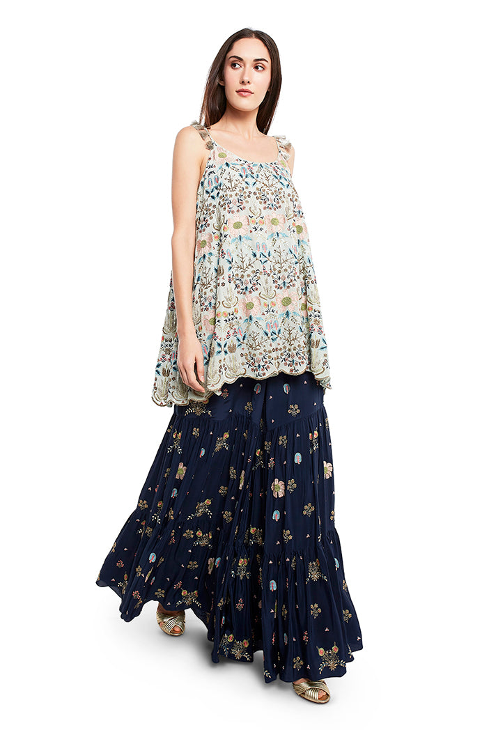 Periwinkle Blue Colour Georgette Short Kalidar with Net Dupatta and Navy Colour Crepe Sharara
