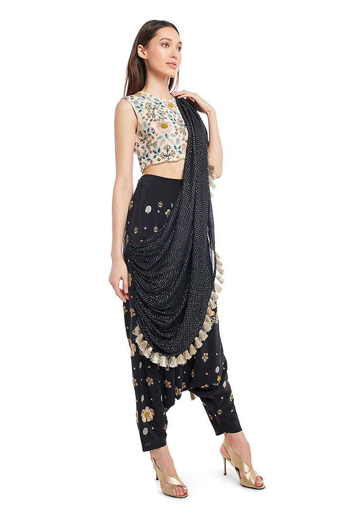 Stone Colour Crepe Choli and Black Colour Crepe Low Crotch Pant with Attached Mukaish Georgette Drape