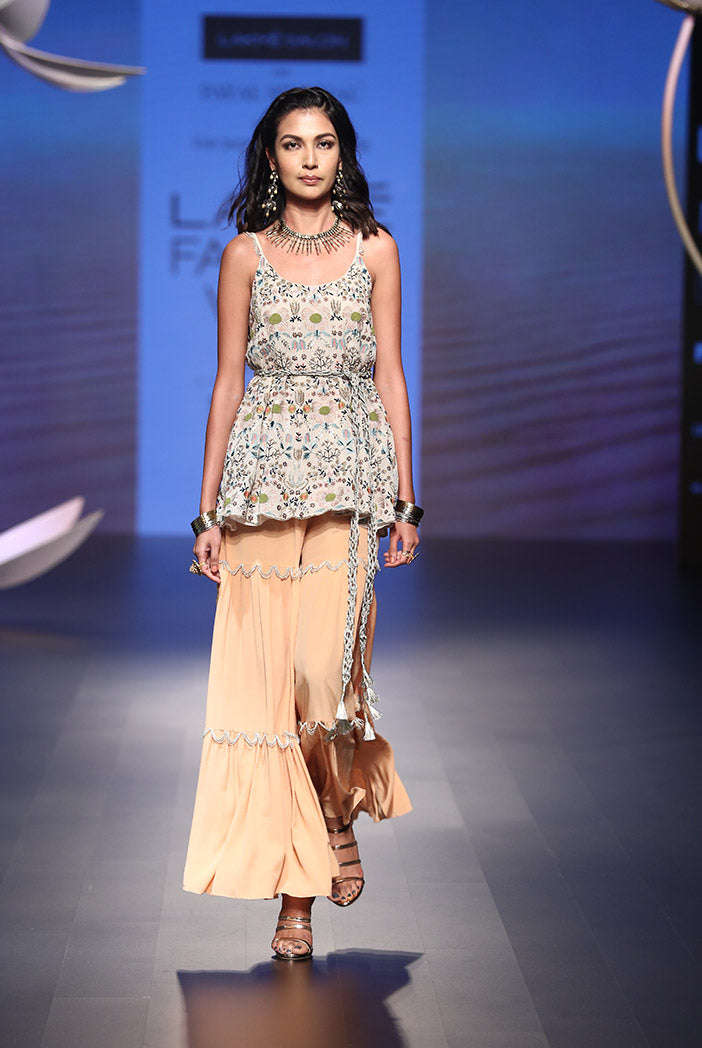 Gulsen Stone Georgette Top with Peach Crepe Sharara Pant and Gold Lace Belt