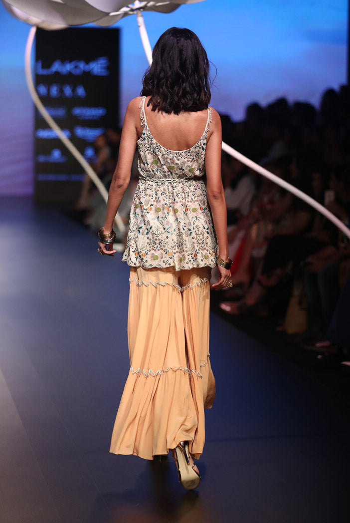 Gulsen Stone Georgette Top with Peach Crepe Sharara Pant and Gold Lace Belt