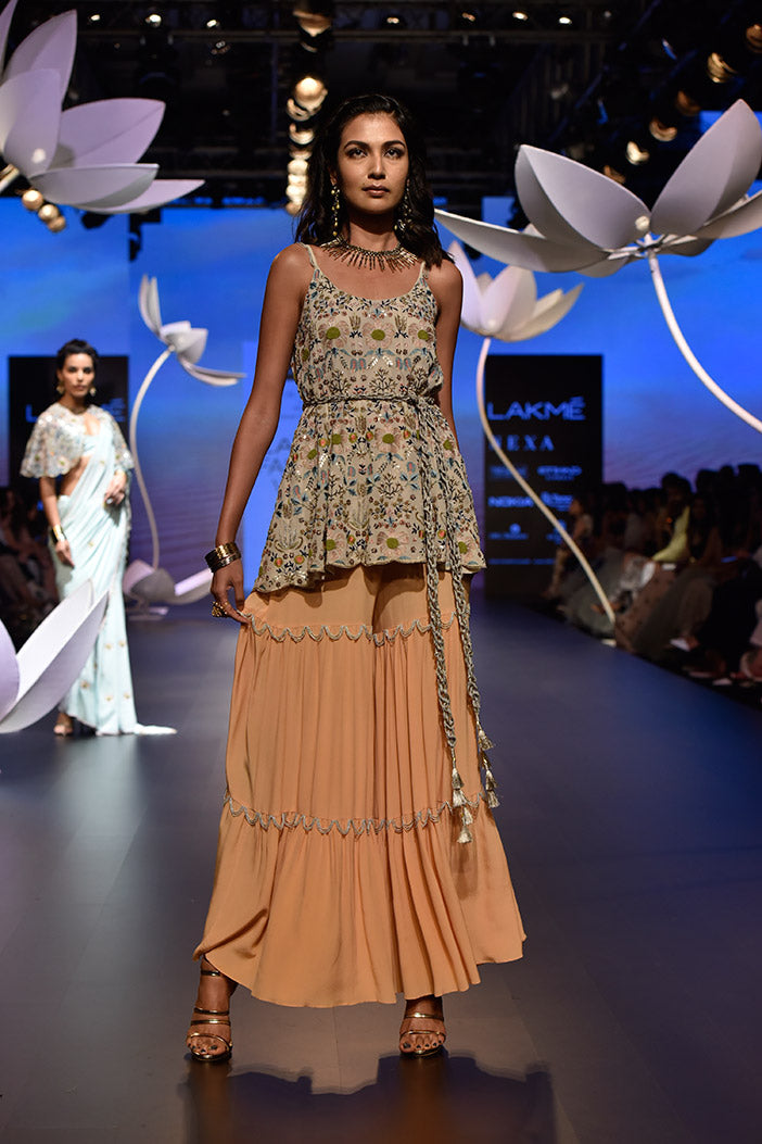 Gulsen Stone Georgette Top with Peach Crepe Sharara Pant and Gold Lace Belt