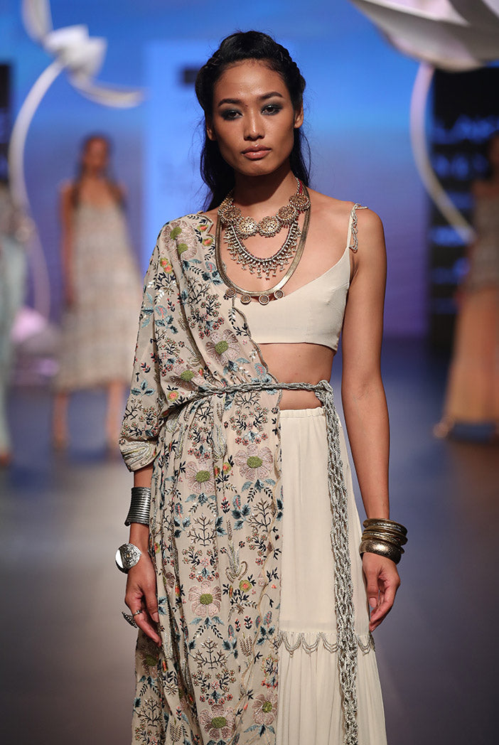 Zamira Stone Crepe Bustier and Sharara Pant with Georgette One Side Jacket and Gold Lace Belt