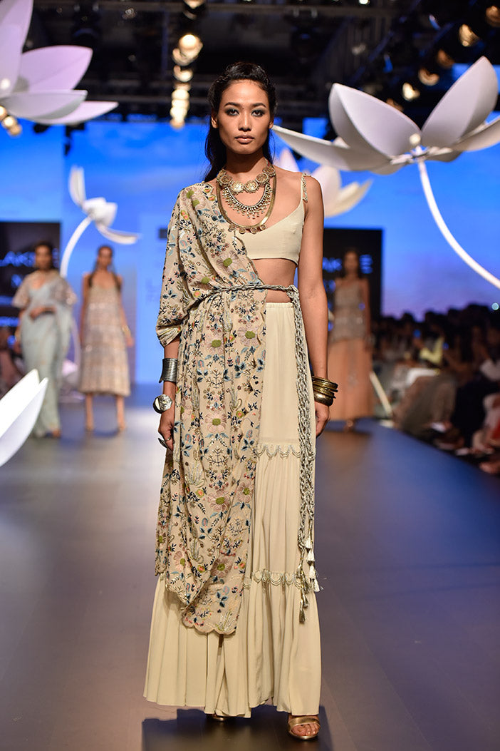Zamira Stone Crepe Bustier and Sharara Pant with Georgette One Side Jacket and Gold Lace Belt