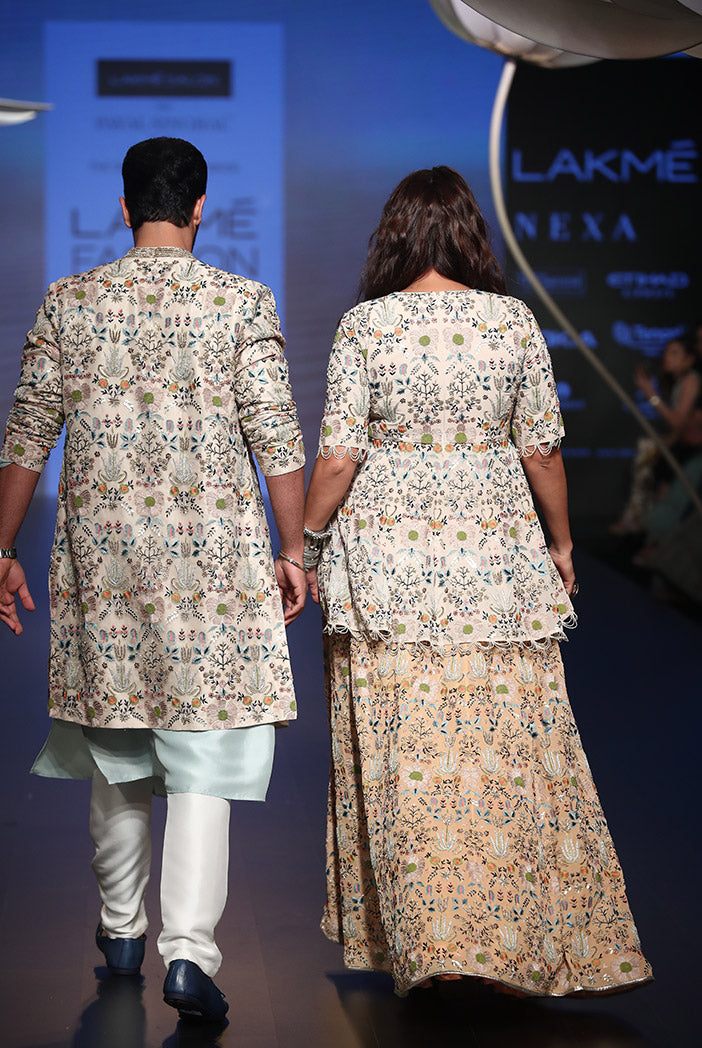 Tahir Ice Blue Silk Kurta with Off White Silk Pant and Stone Organza Jacket