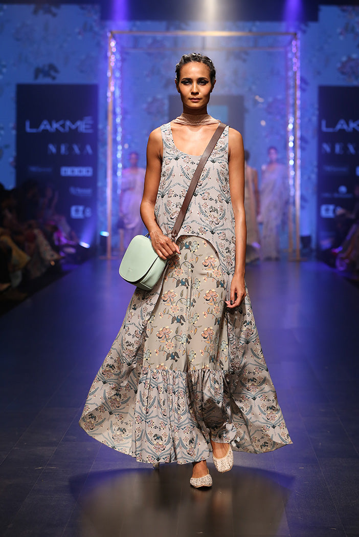 Anira Powder Blue Printed Crepe High-Low Kurta with Frill Palazzo and Dusky Rose Mukaish Georgette Dupatta
