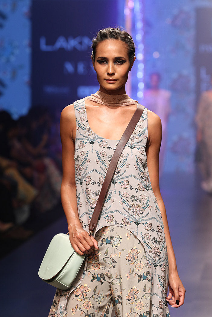 Anira Powder Blue Printed Crepe High-Low Kurta with Frill Palazzo and Dusky Rose Mukaish Georgette Dupatta