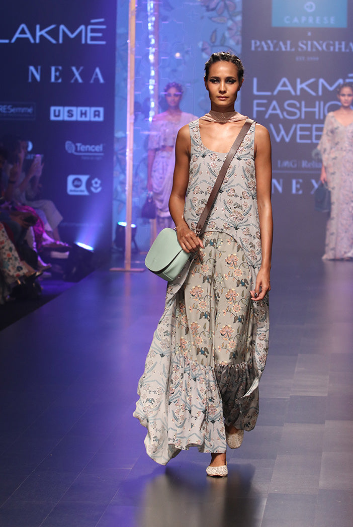 Anira Powder Blue Printed Crepe High-Low Kurta with Frill Palazzo and Dusky Rose Mukaish Georgette Dupatta