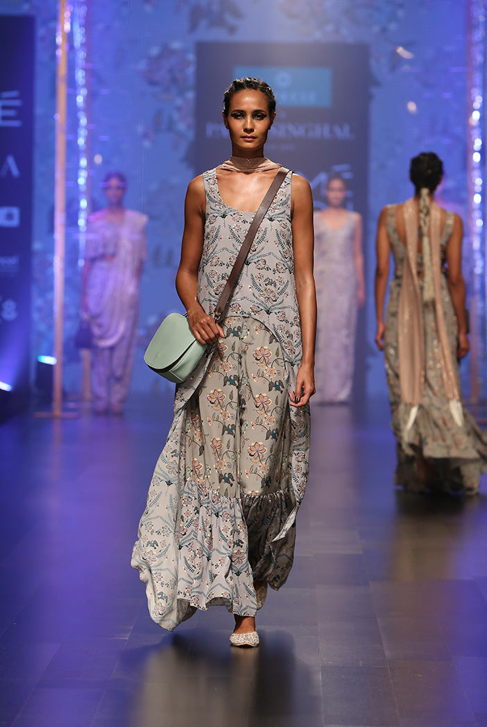 Anira Powder Blue Printed Crepe High-Low Kurta with Frill Palazzo and Dusky Rose Mukaish Georgette Dupatta